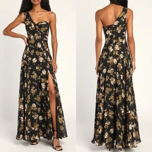 Lulu's Black and Gold One Shoulder Dress